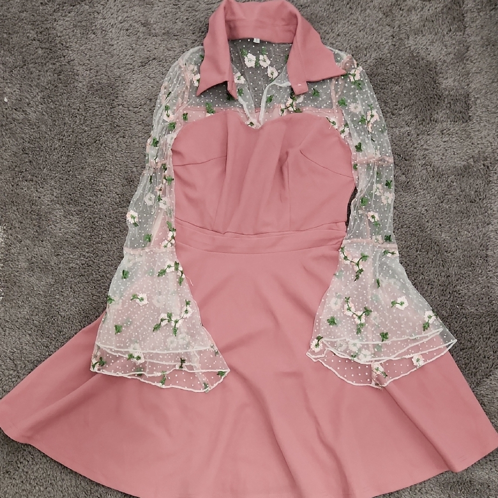 Pink Coquette Style Dress with Floral Sheer Sleeves | Size S